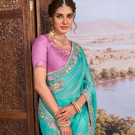 Blue embroidered silk blend saree daily wear