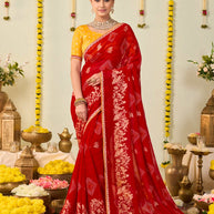 Red bandhani printed georgette saree festive wear