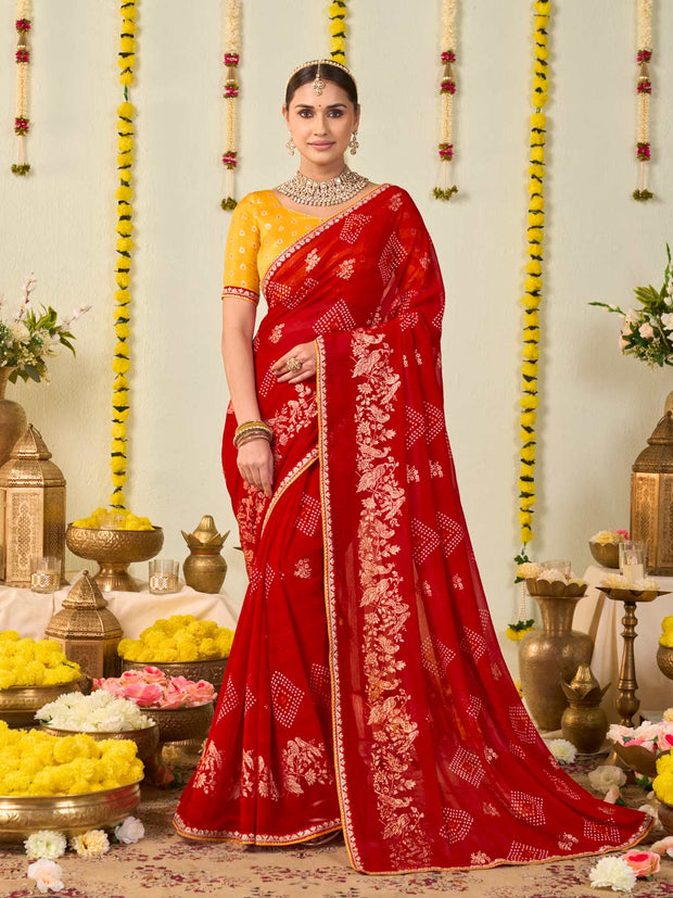 Red bandhani printed georgette saree festive wear