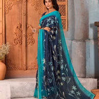 Navy Blue floral printed silk blend saree festive wear