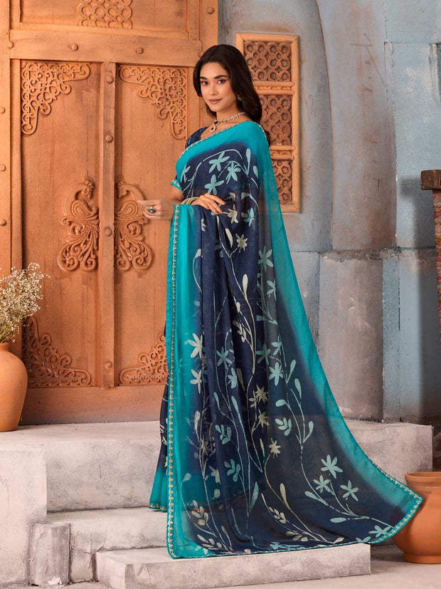 Navy Blue floral printed silk blend saree festive wear