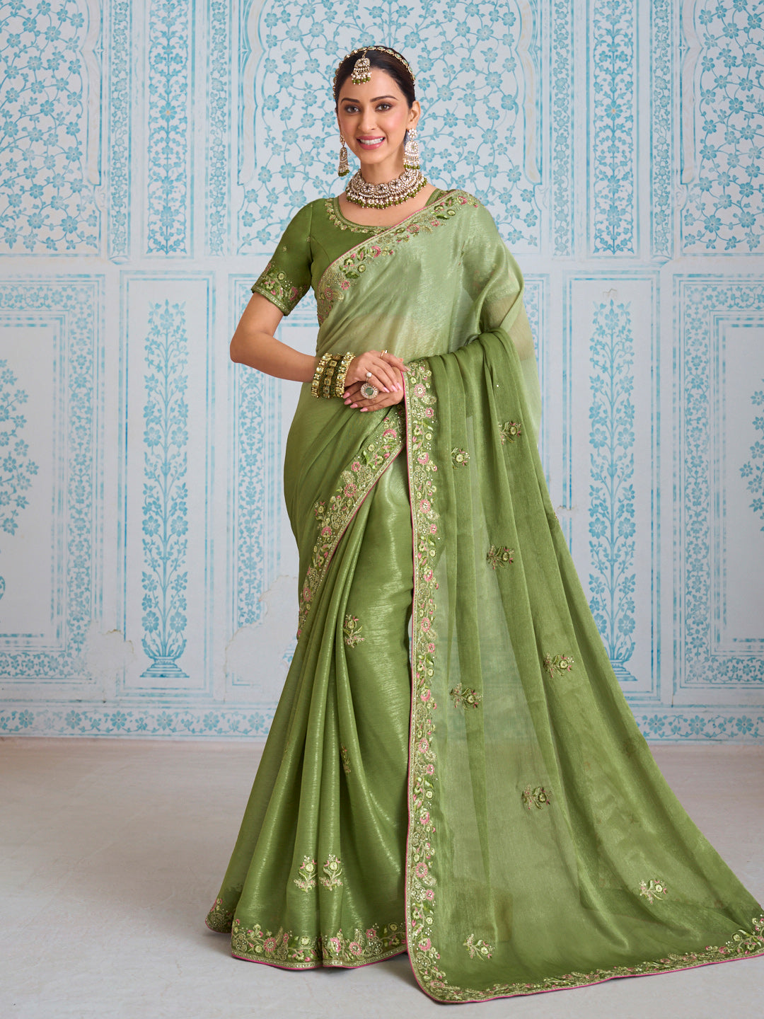 Laxmipati Aanya Green Chiffon Embroidered Saree
