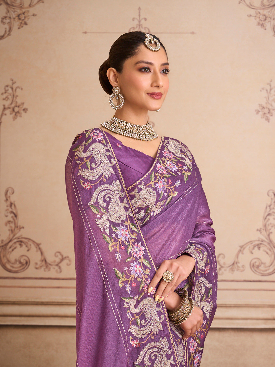 Purple floral embroidered silk blend saree wedding wear