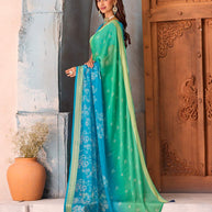 Blue floral printed chiffon saree festive wear