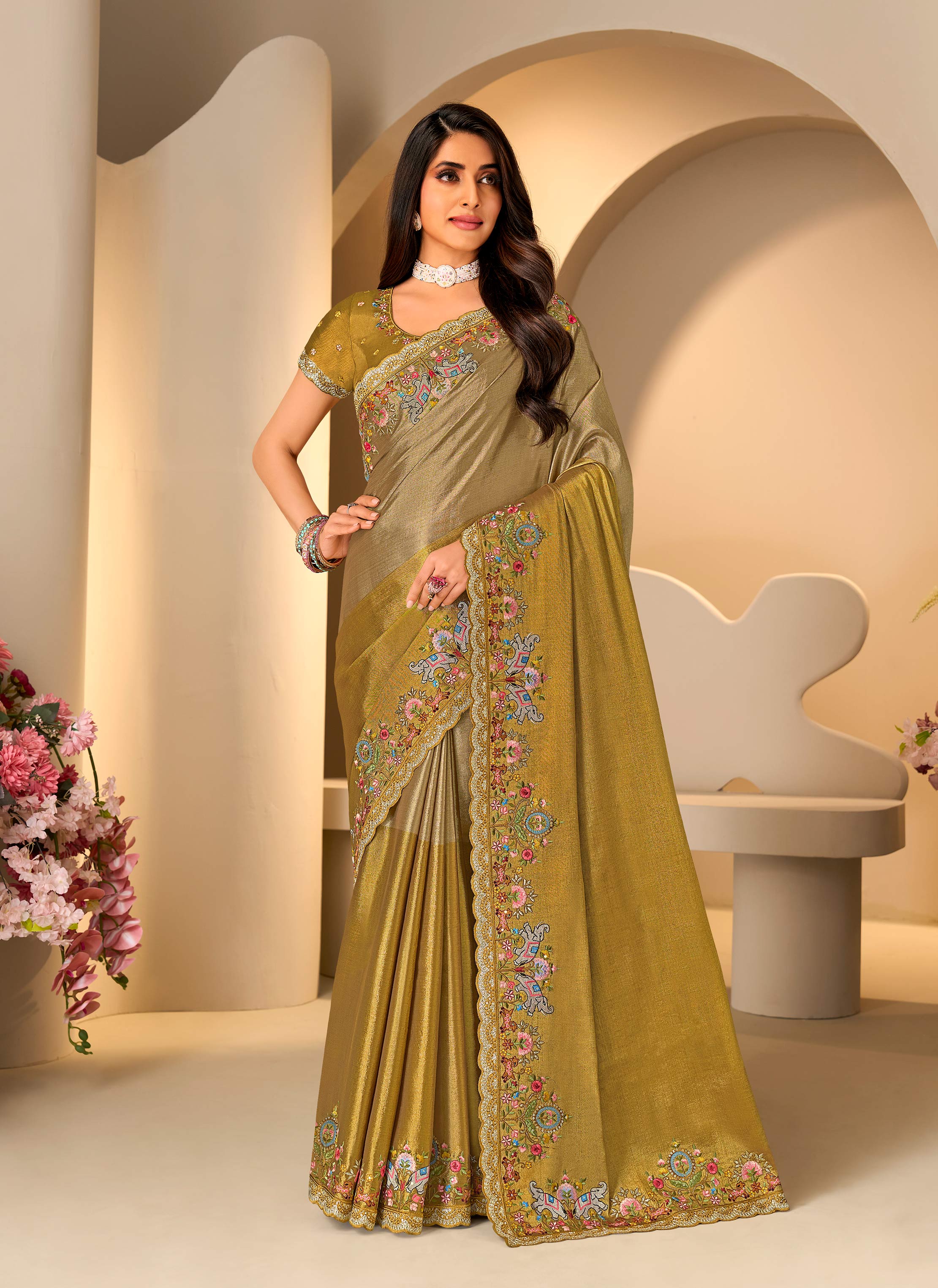 Brown floral embroidered silk blend saree festive wear