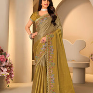Brown floral embroidered silk blend saree festive wear