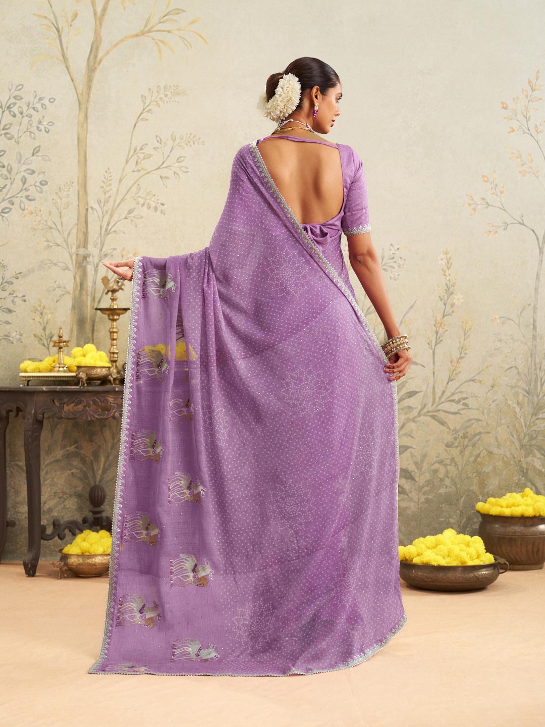 Purple embroidered chiffon saree festive wear