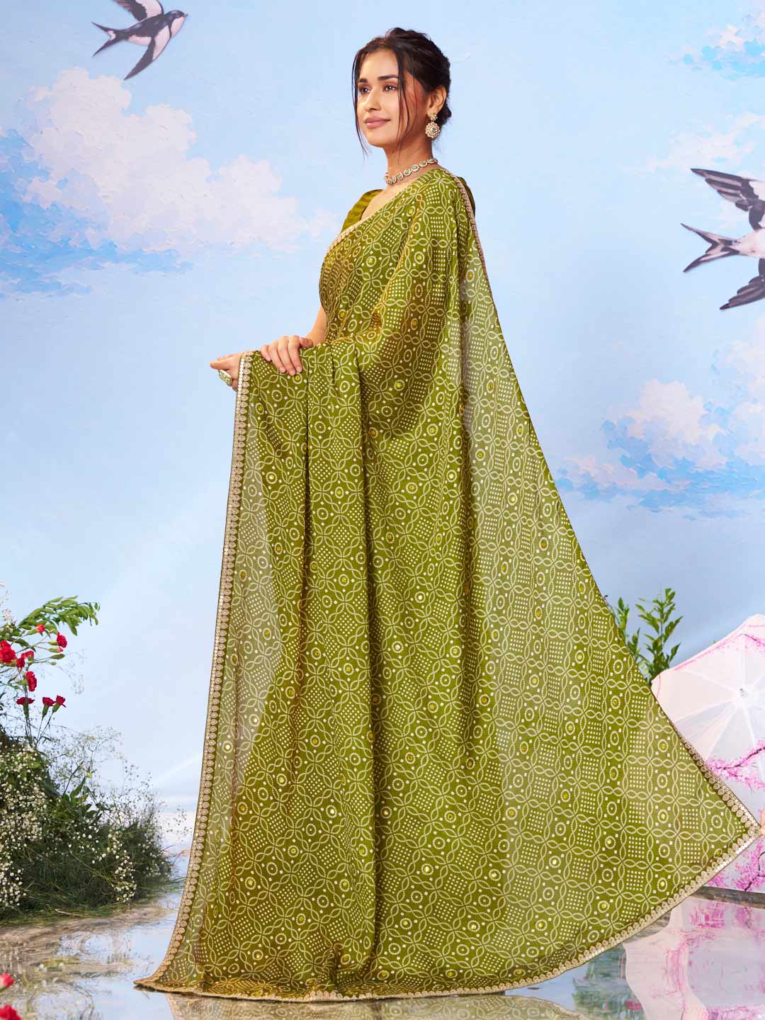 Green dotted printed silk blend saree casual wear