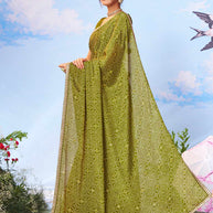 Green dotted printed silk blend saree casual wear