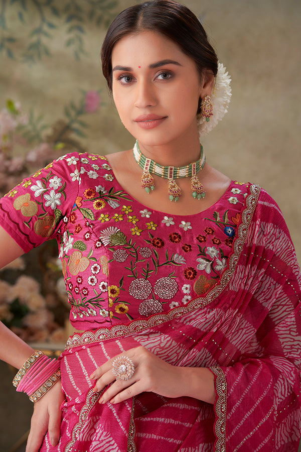 Pink embroidered chiffon saree party wear