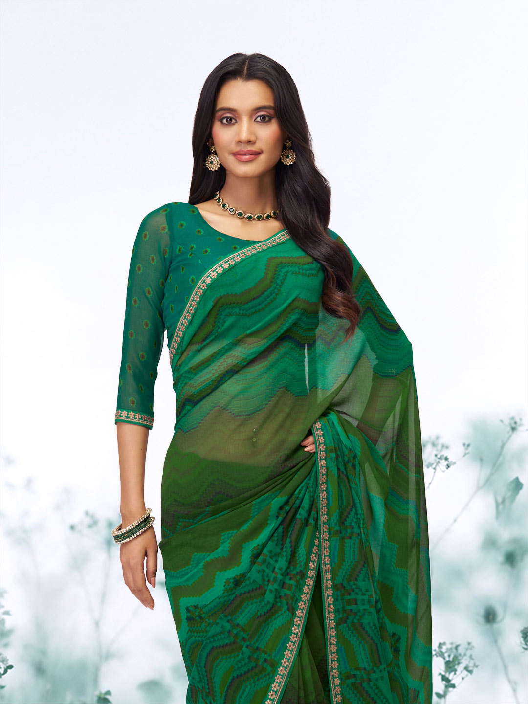 Green geometric printed georgette saree wedding wear
