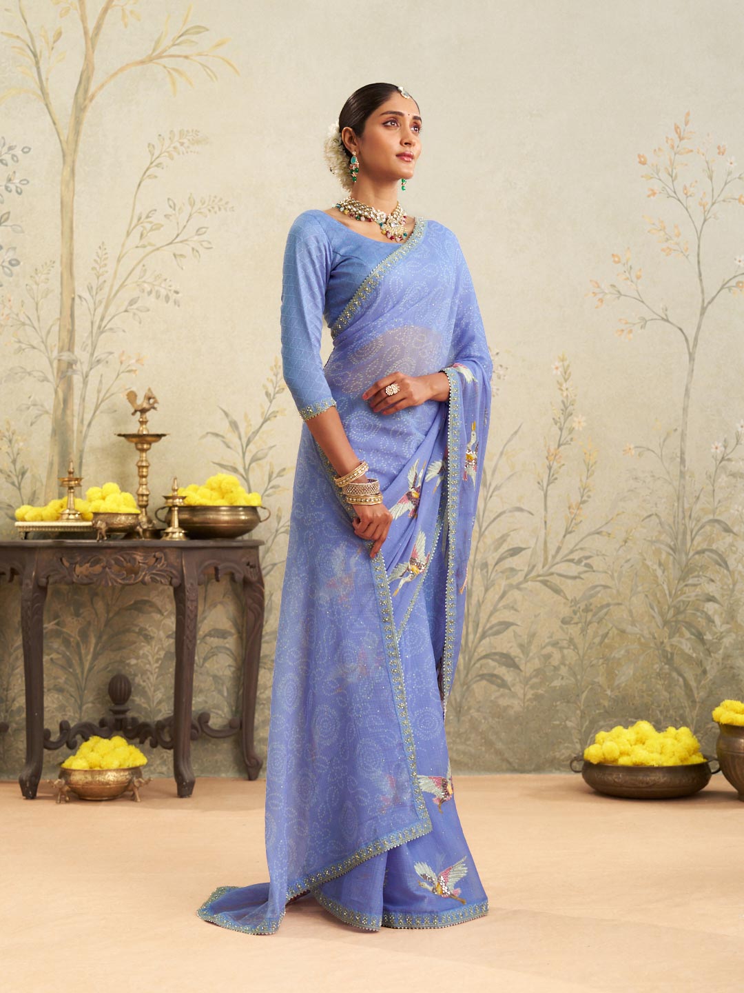 Blue embroidered chiffon saree casual wear