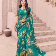 green georgette floral print saree