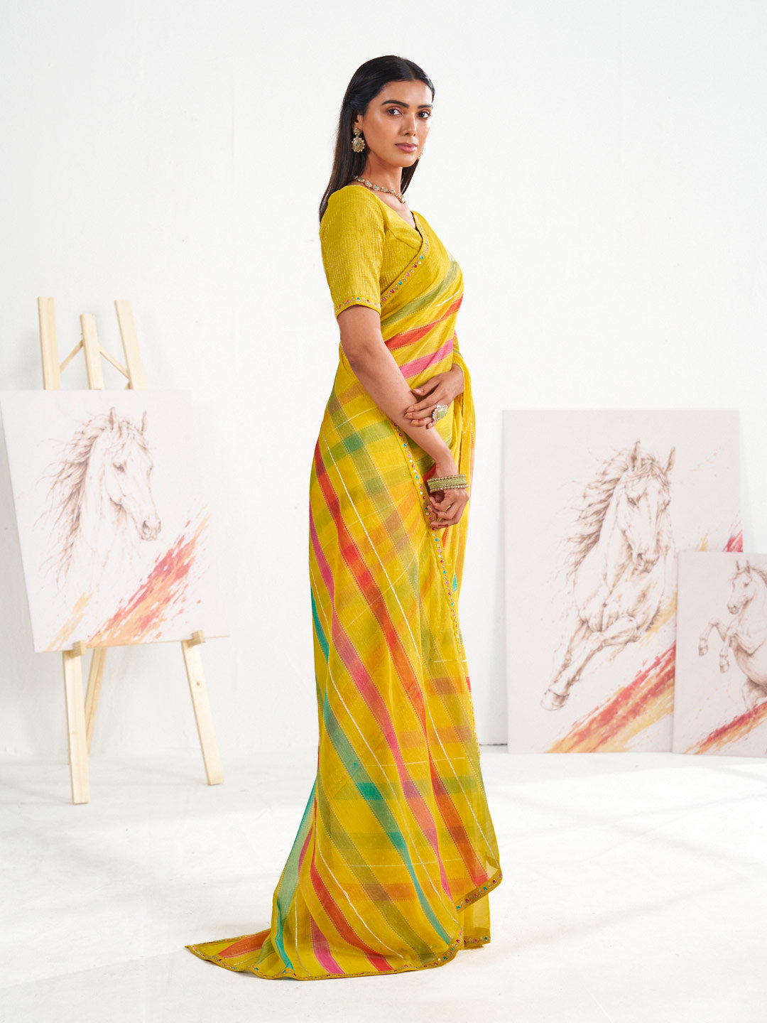 Laxmipati Murli Yellow Chiffon Striped Saree