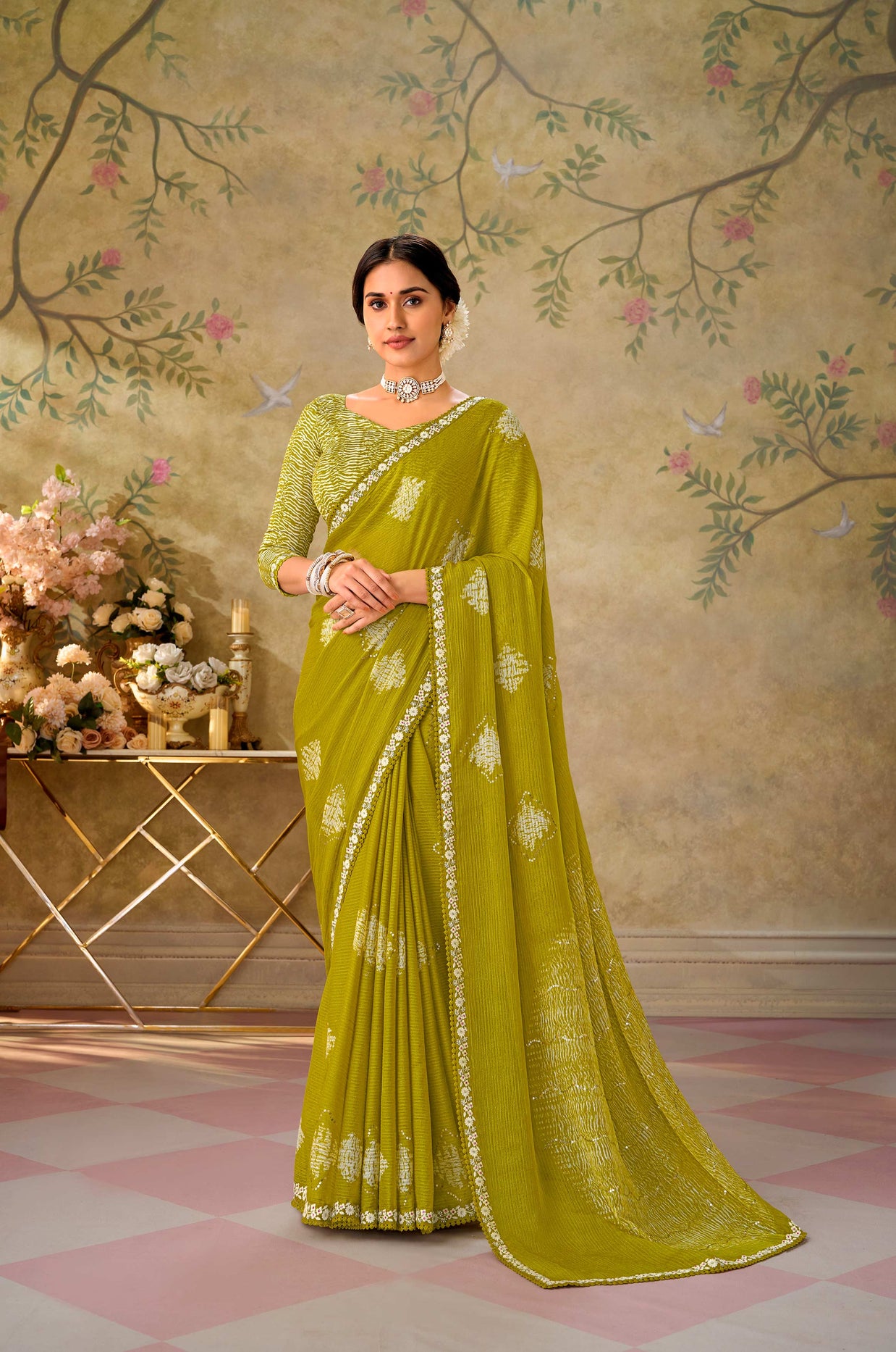 Green embroidered chiffon saree party wear