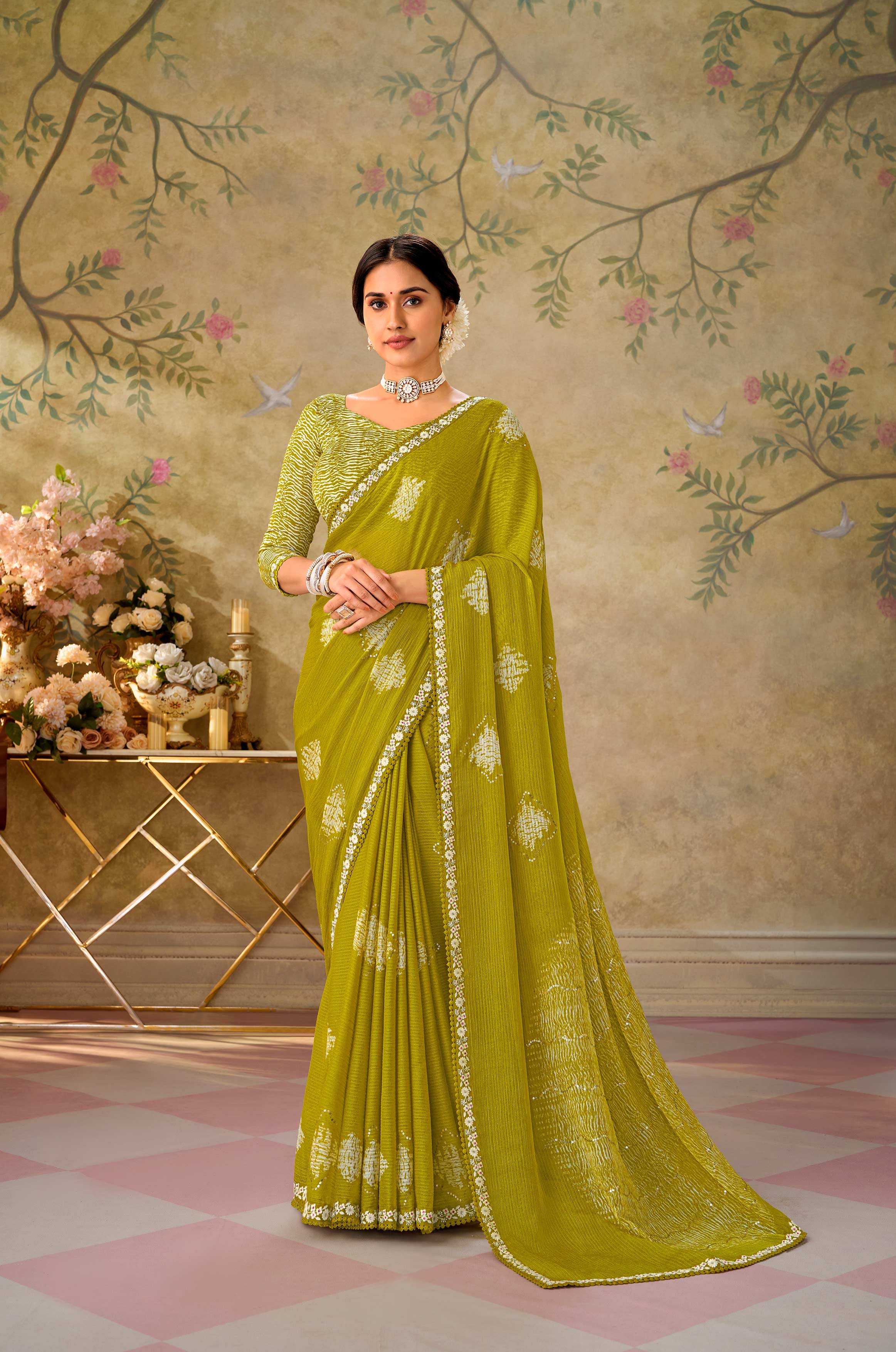 Green embroidered chiffon saree party wear