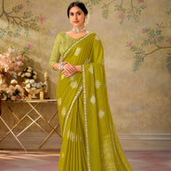 Green embroidered chiffon saree party wear
