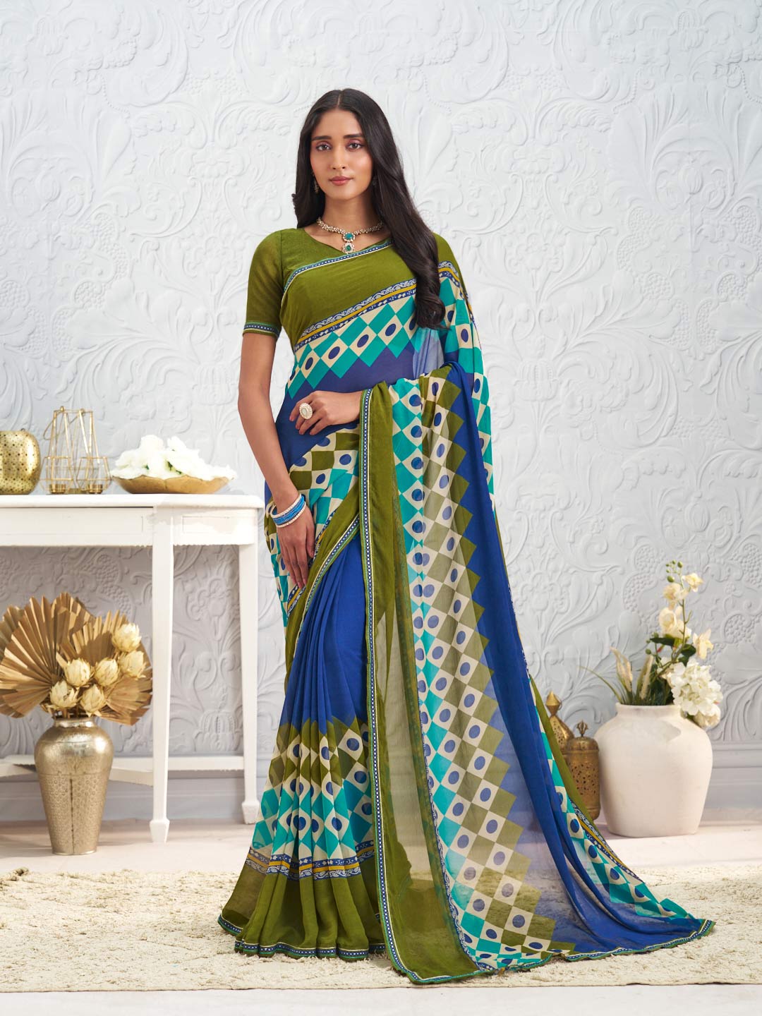 Blue geometric printed georgette saree daily wear