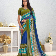 Blue geometric printed georgette saree daily wear