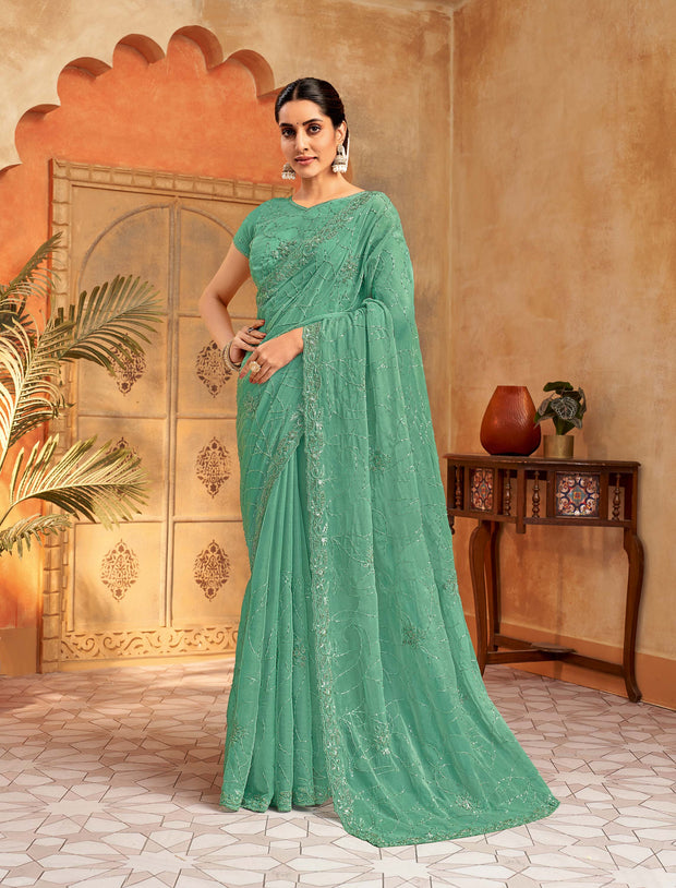 Green chiffon floral embroidered saree