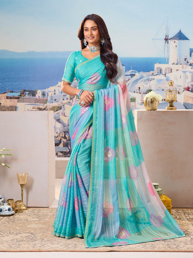 Blue floral chiffon saree