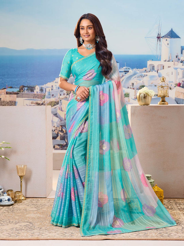 Blue floral chiffon saree