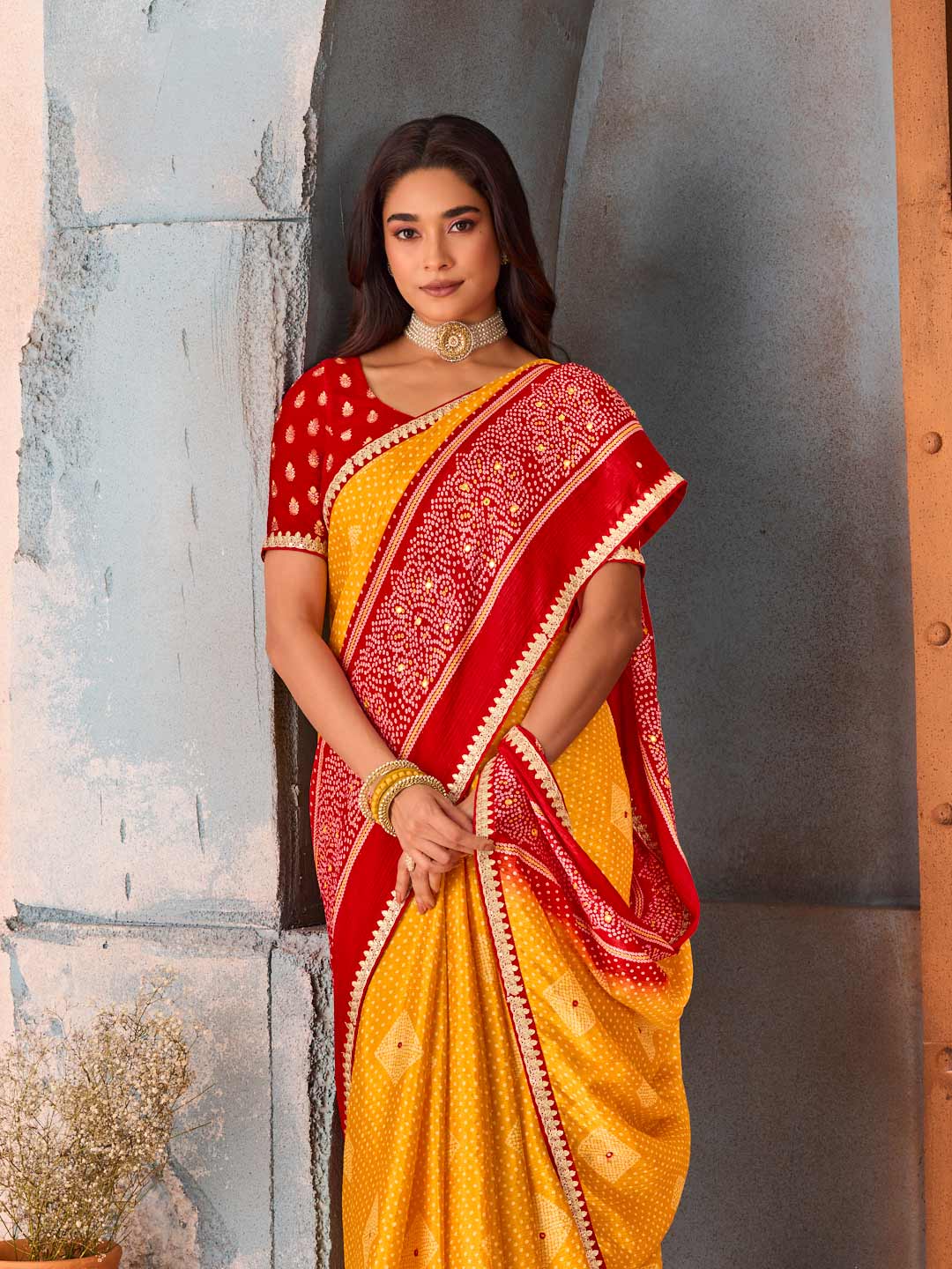 Mustard bandhani printed silk blend saree party wear