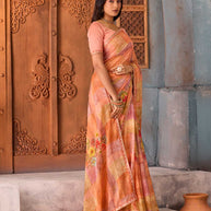 Orange checkered floral printed chiffon saree daily wear