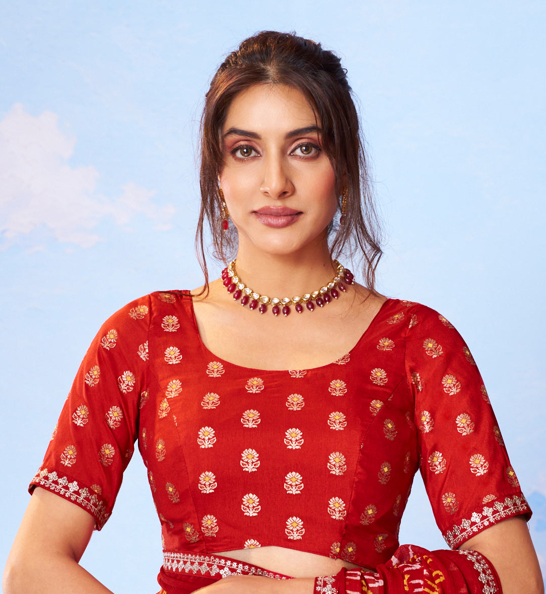 Red geometric printed chiffon saree wedding wear