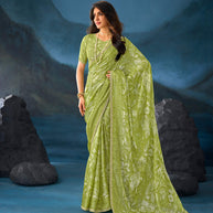 Green floral printed silk blend saree daily wear