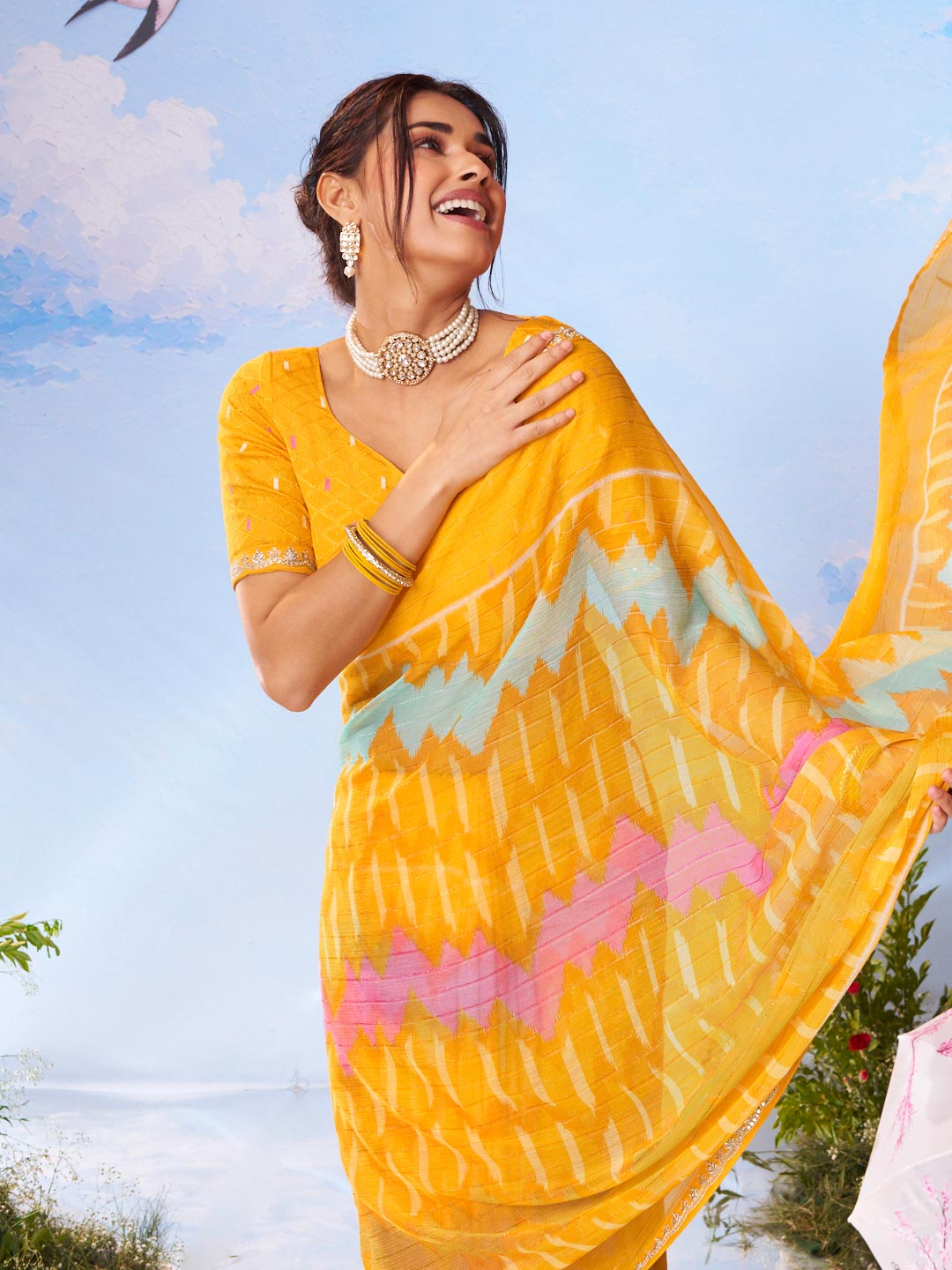 Yellow zari woven silk saree wedding wear 