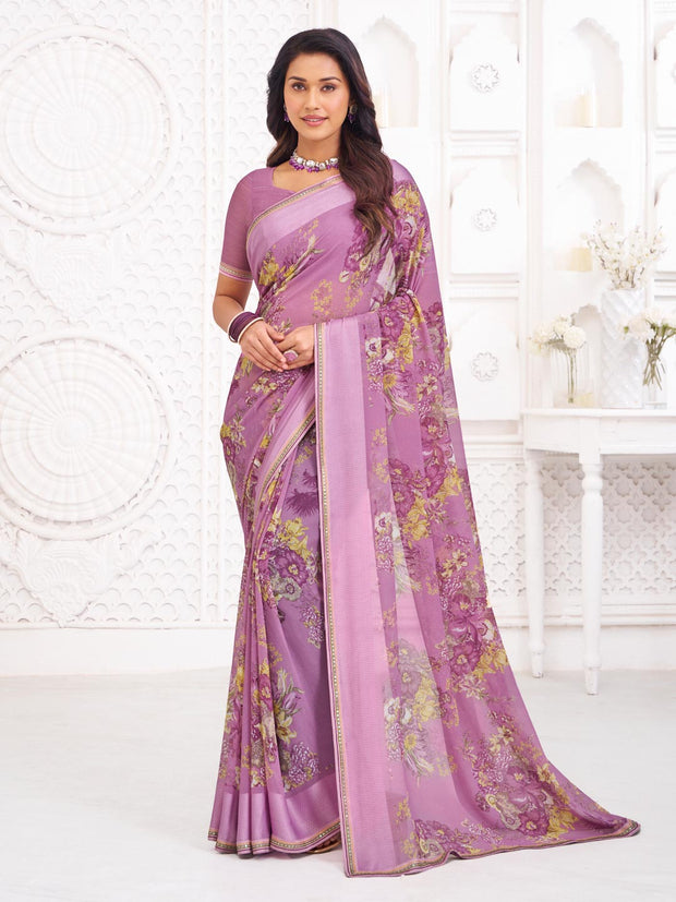 Purple georgette floral print saree