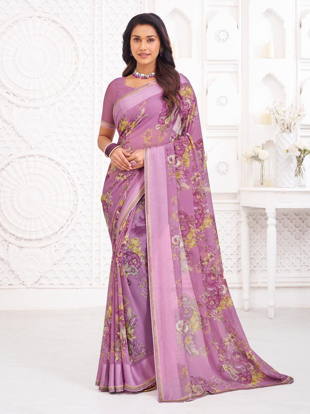 Purple georgette floral print saree