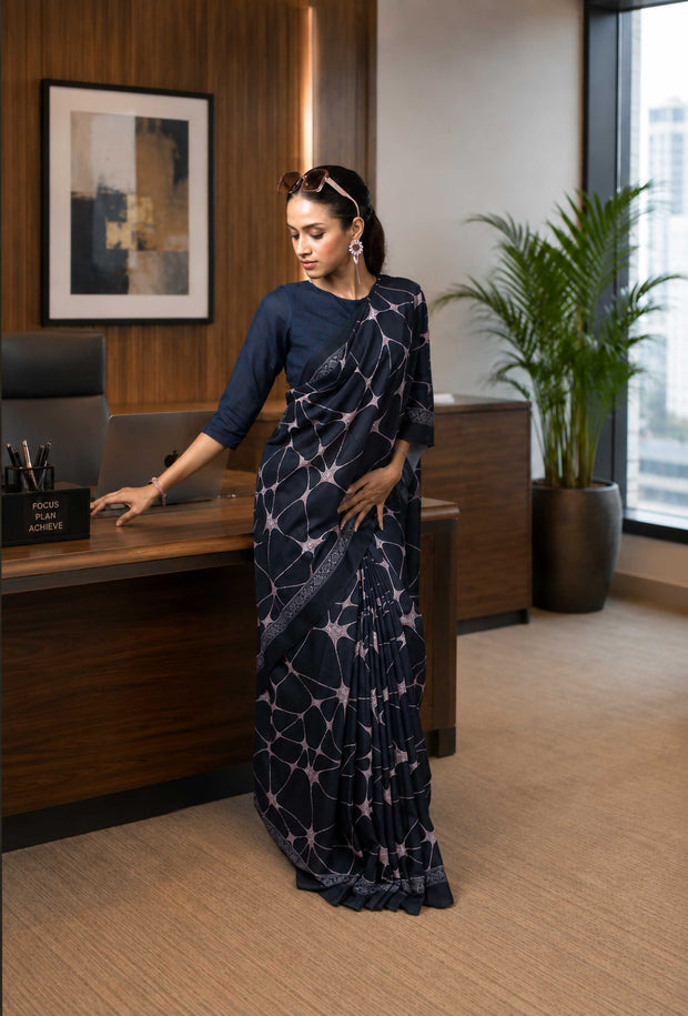 Navy Blue abstract printed cotton blend saree office wear