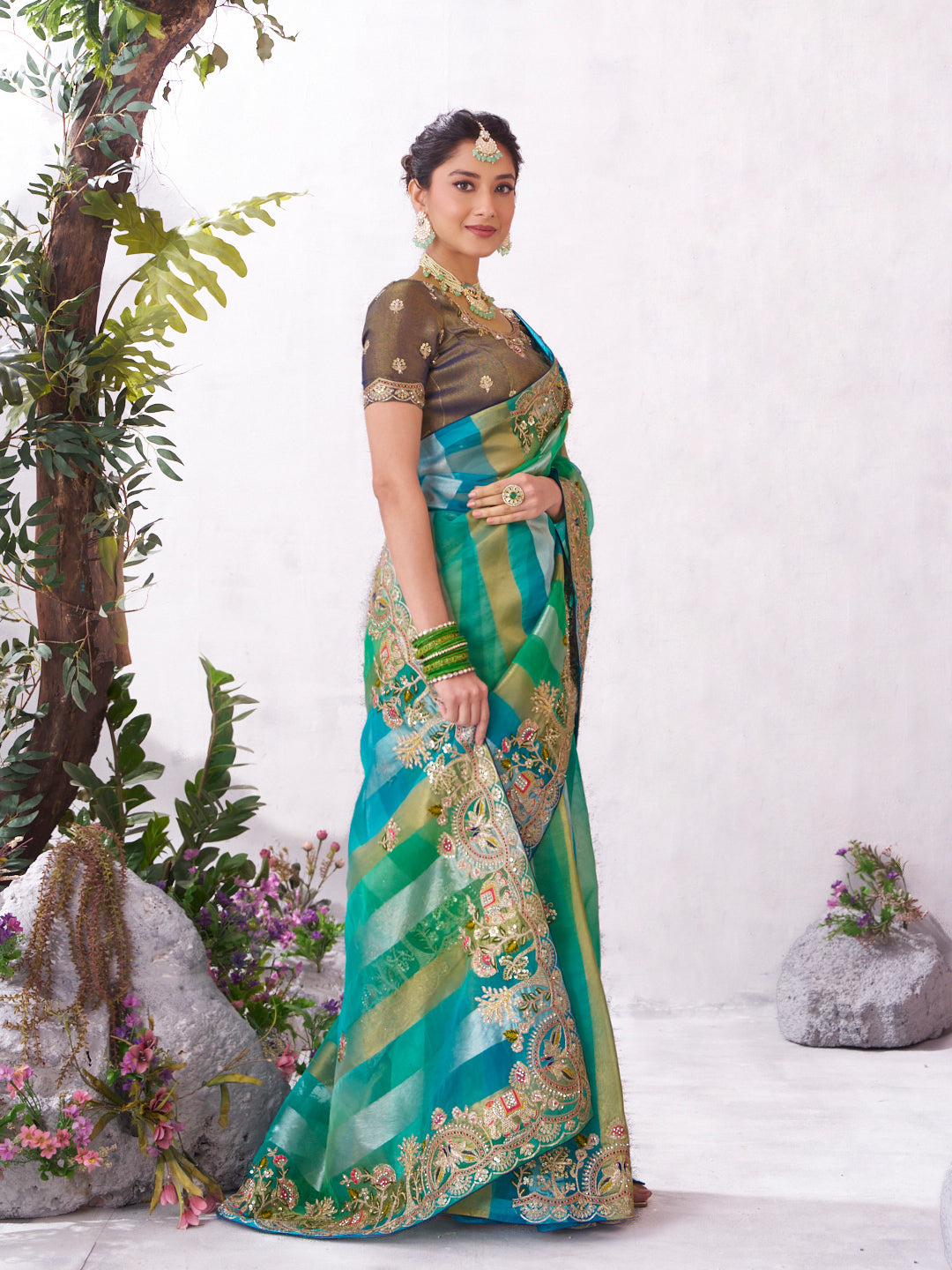 Green designer embroidery saree festive style