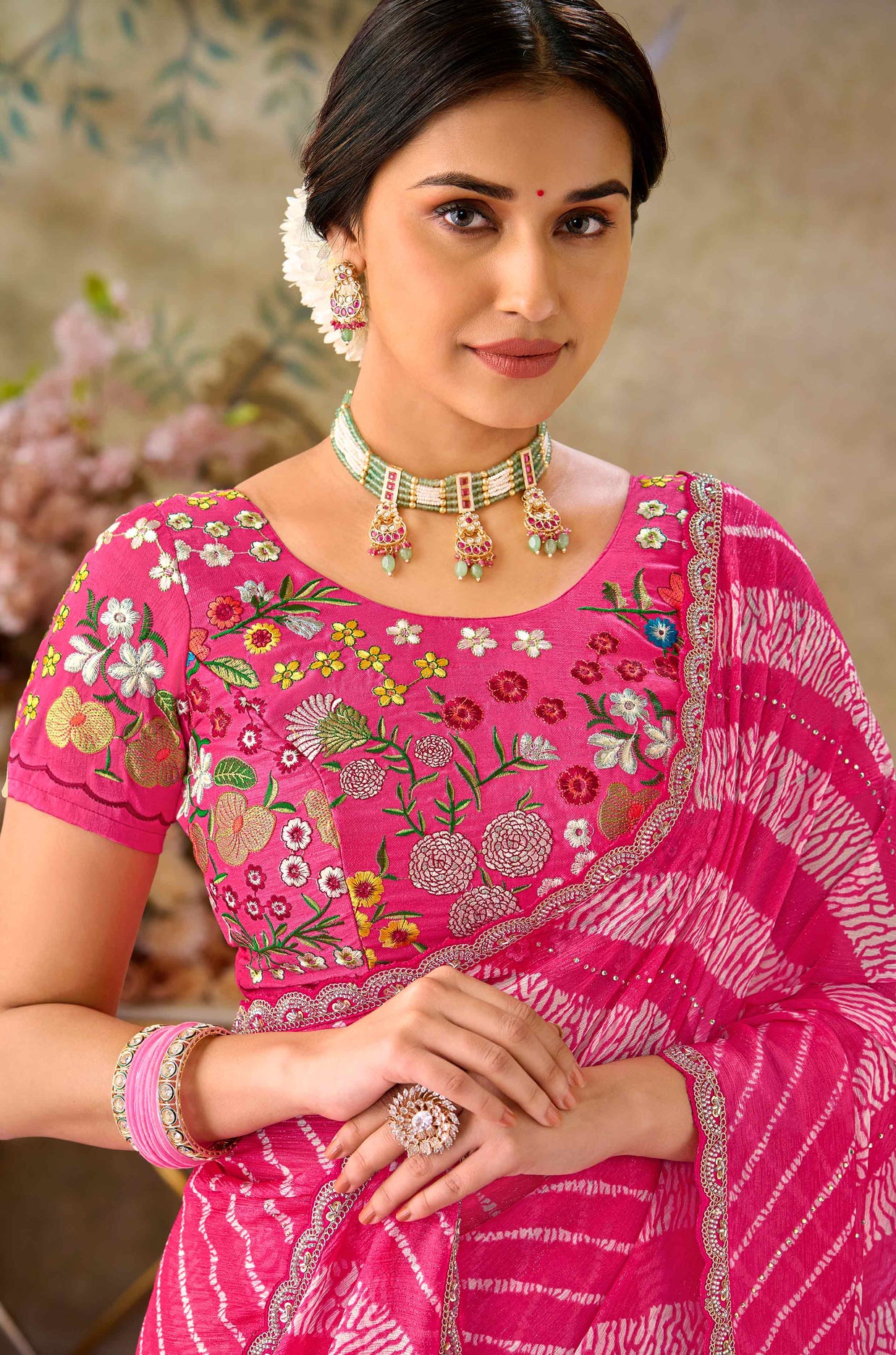 Pink embroidered chiffon saree daily wear