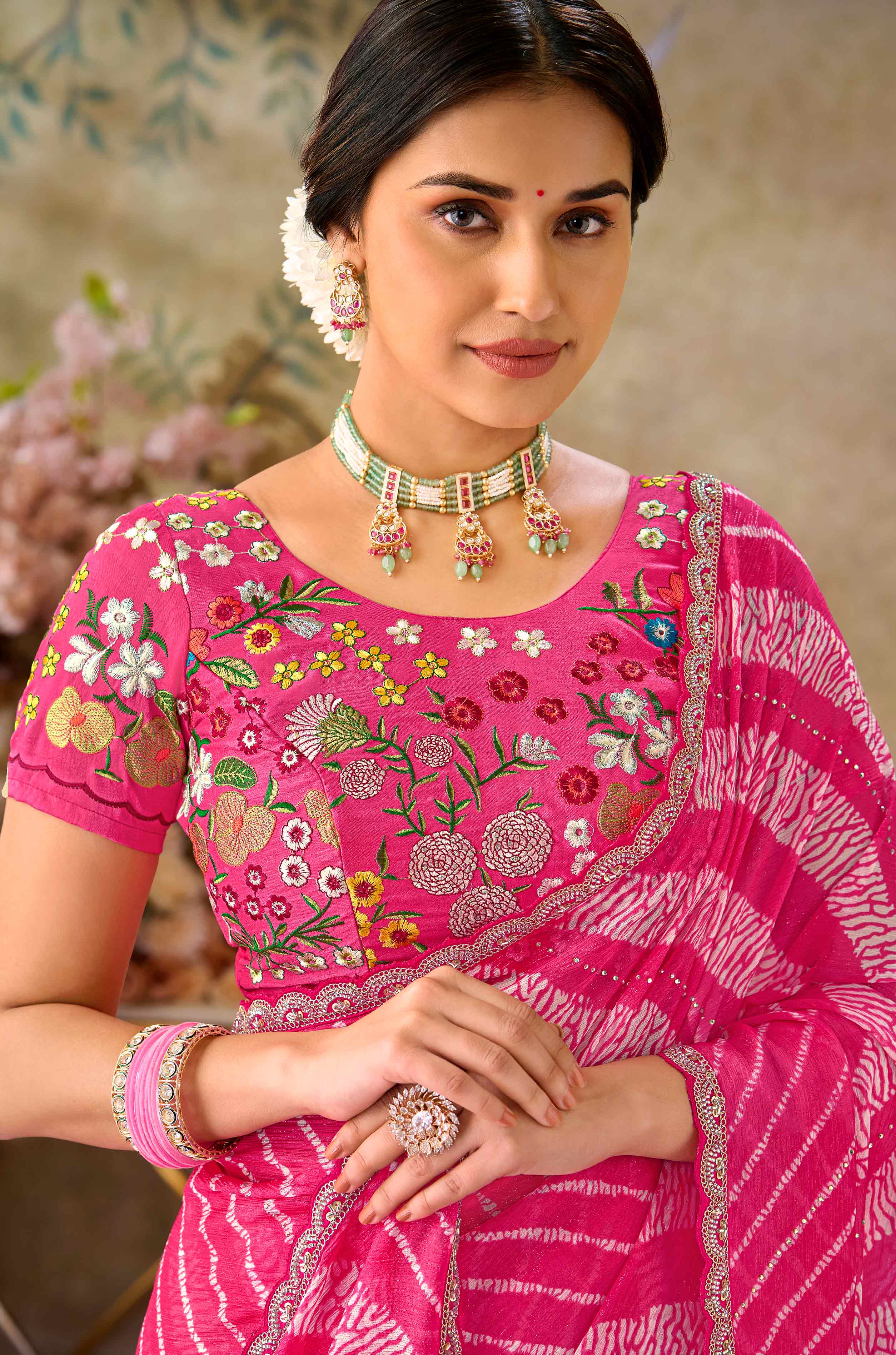 Pink embroidered chiffon saree daily wear