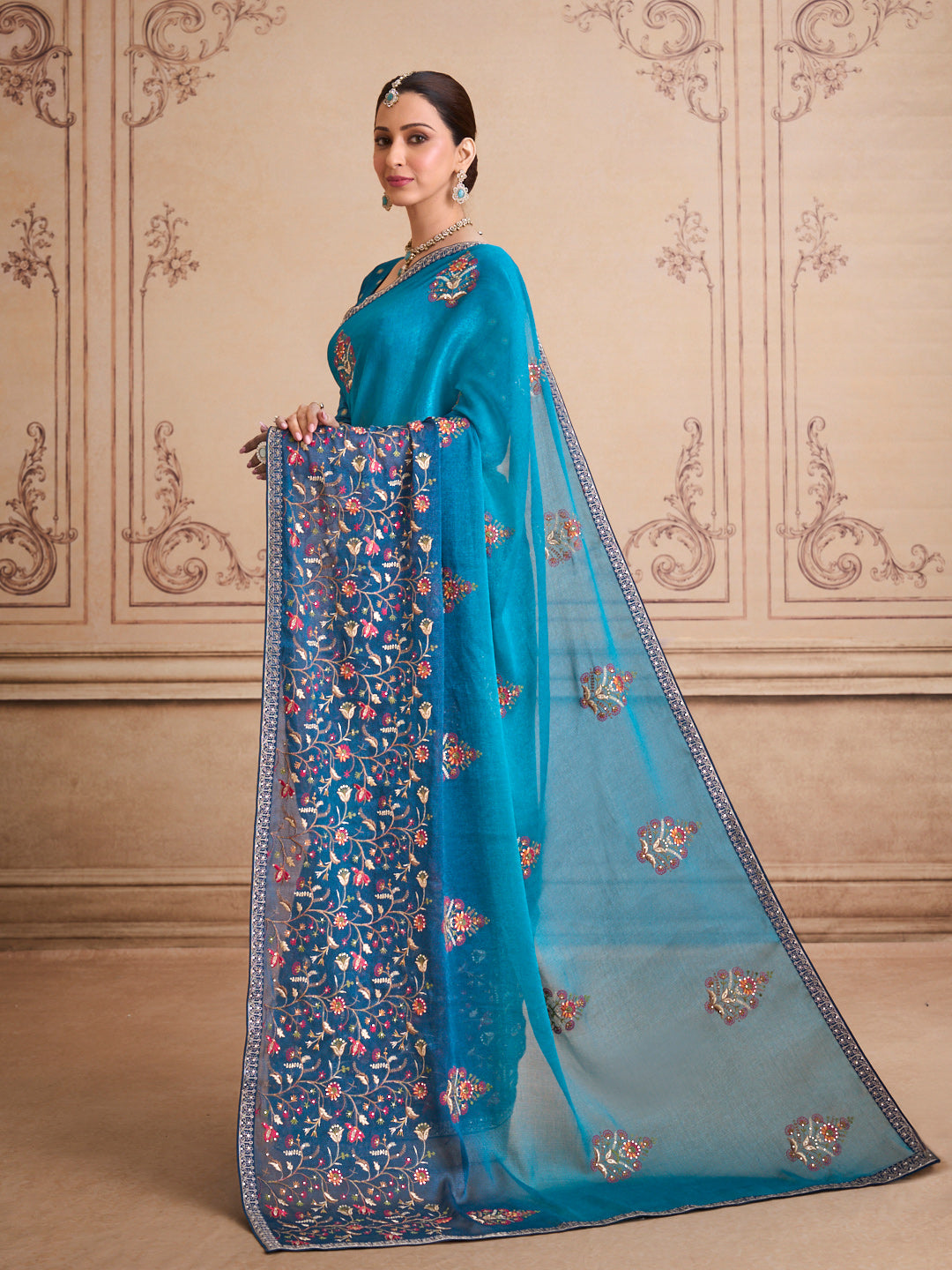 Blue embroidered silk blend saree daily wear