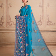 Blue embroidered silk blend saree daily wear