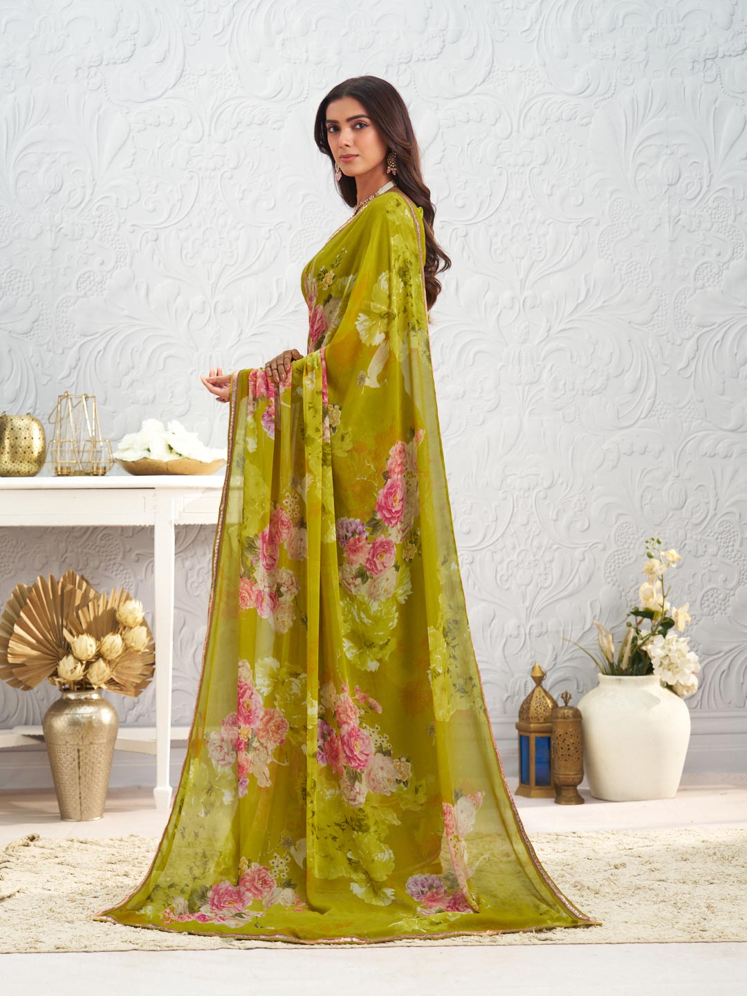 Olive Green floral printed georgette saree festive wear