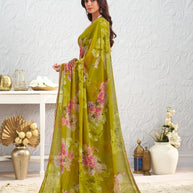 Olive Green floral printed georgette saree festive wear