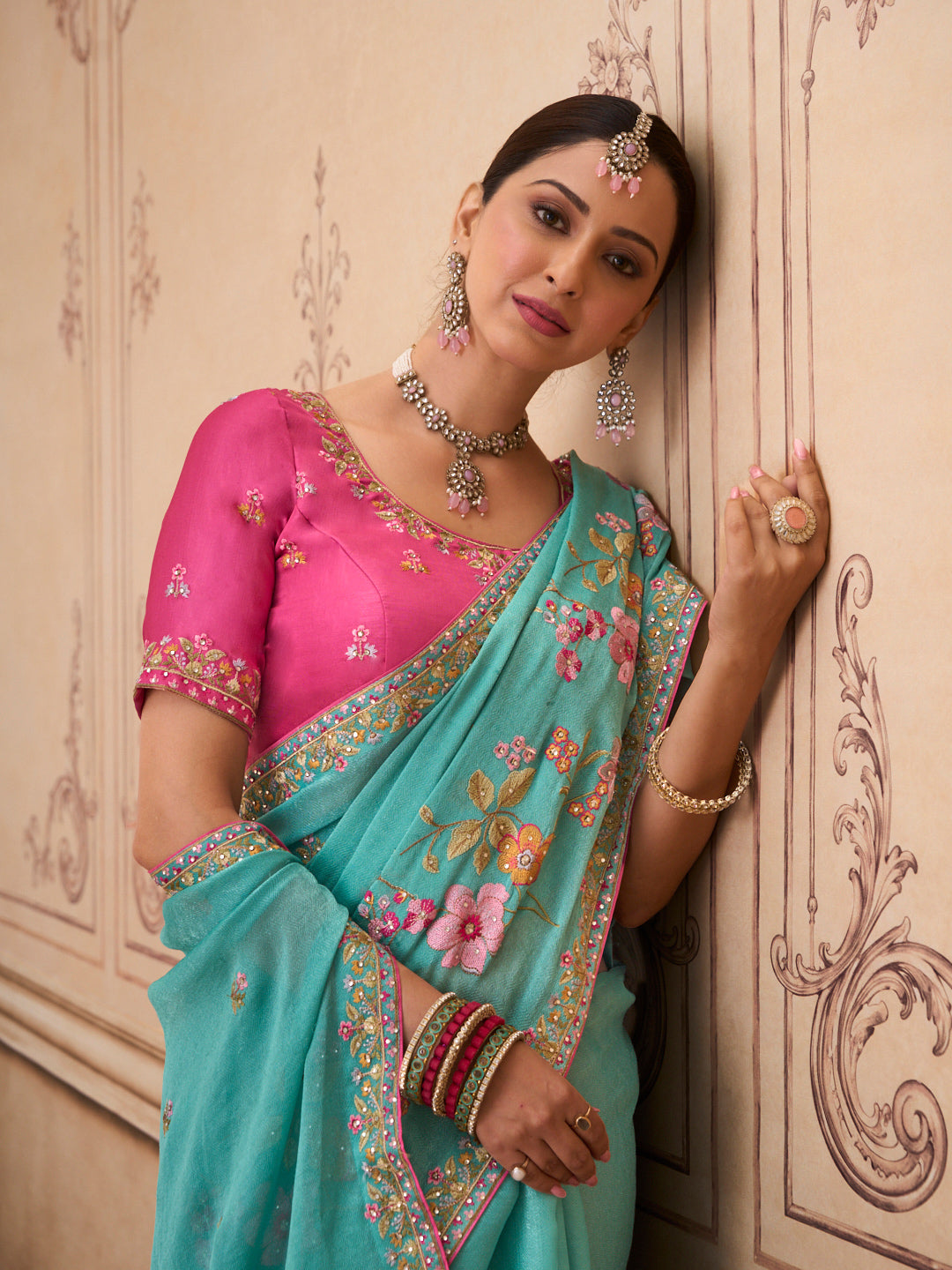 Green floral embroidered chiffon saree wedding wear