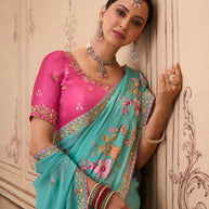 Green floral embroidered chiffon saree wedding wear