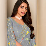 Grey embroidered silk blend saree party wear