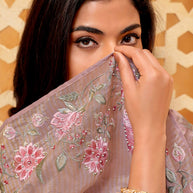 Pink floral embroidered Tiisue Organza saree party wear