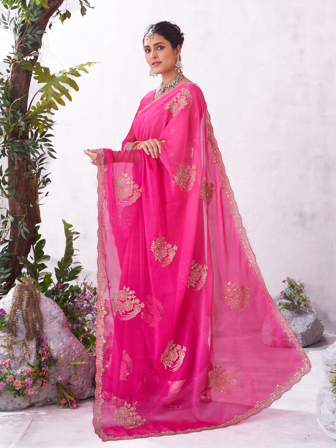 Pink embroidered saree lightweight tissue organza