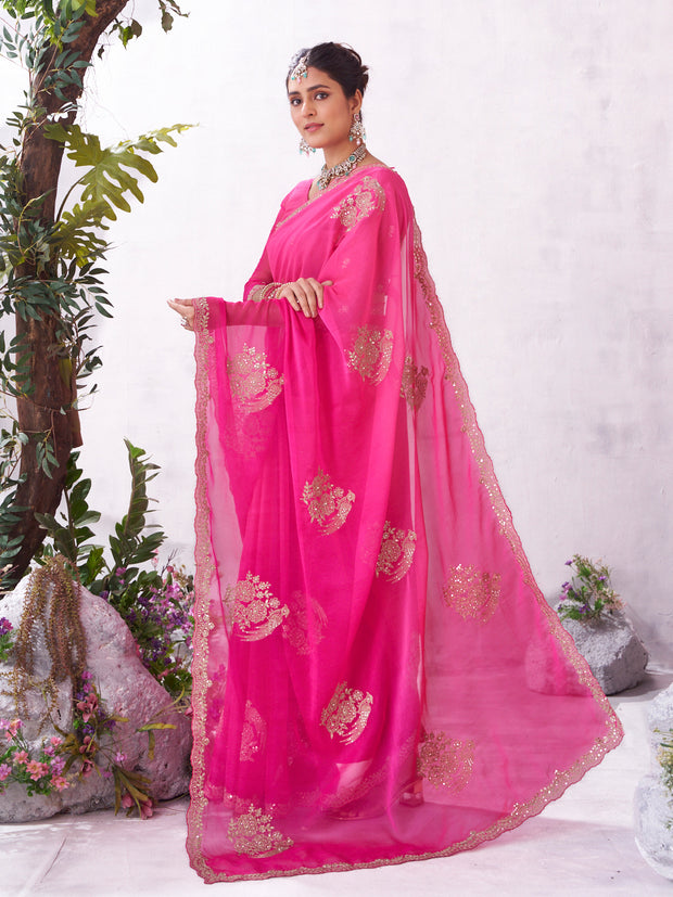 Pink embroidered saree lightweight tissue organza