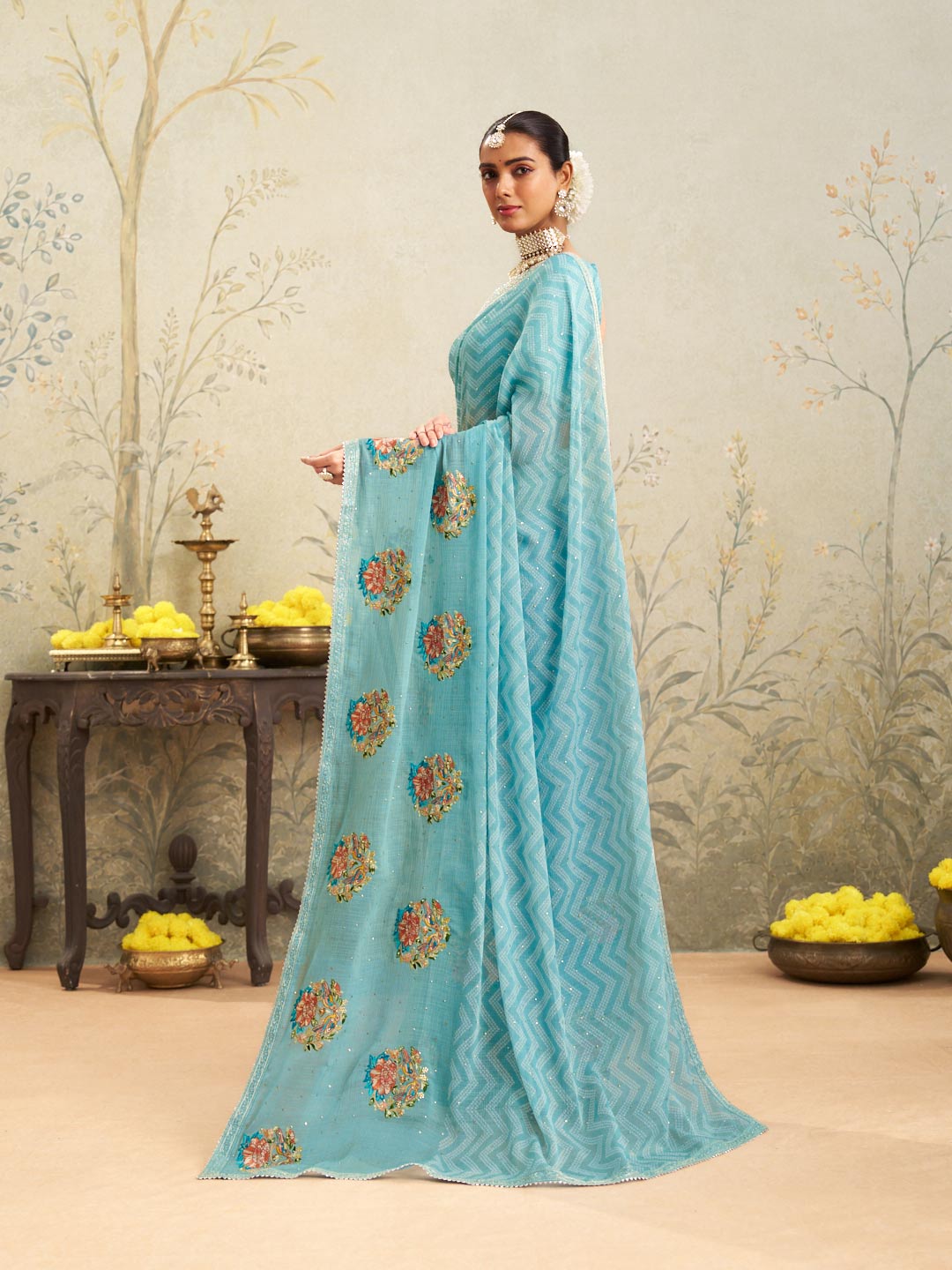 Blue floral embroidered chiffon saree daily wear