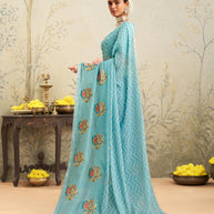 Blue floral embroidered chiffon saree daily wear