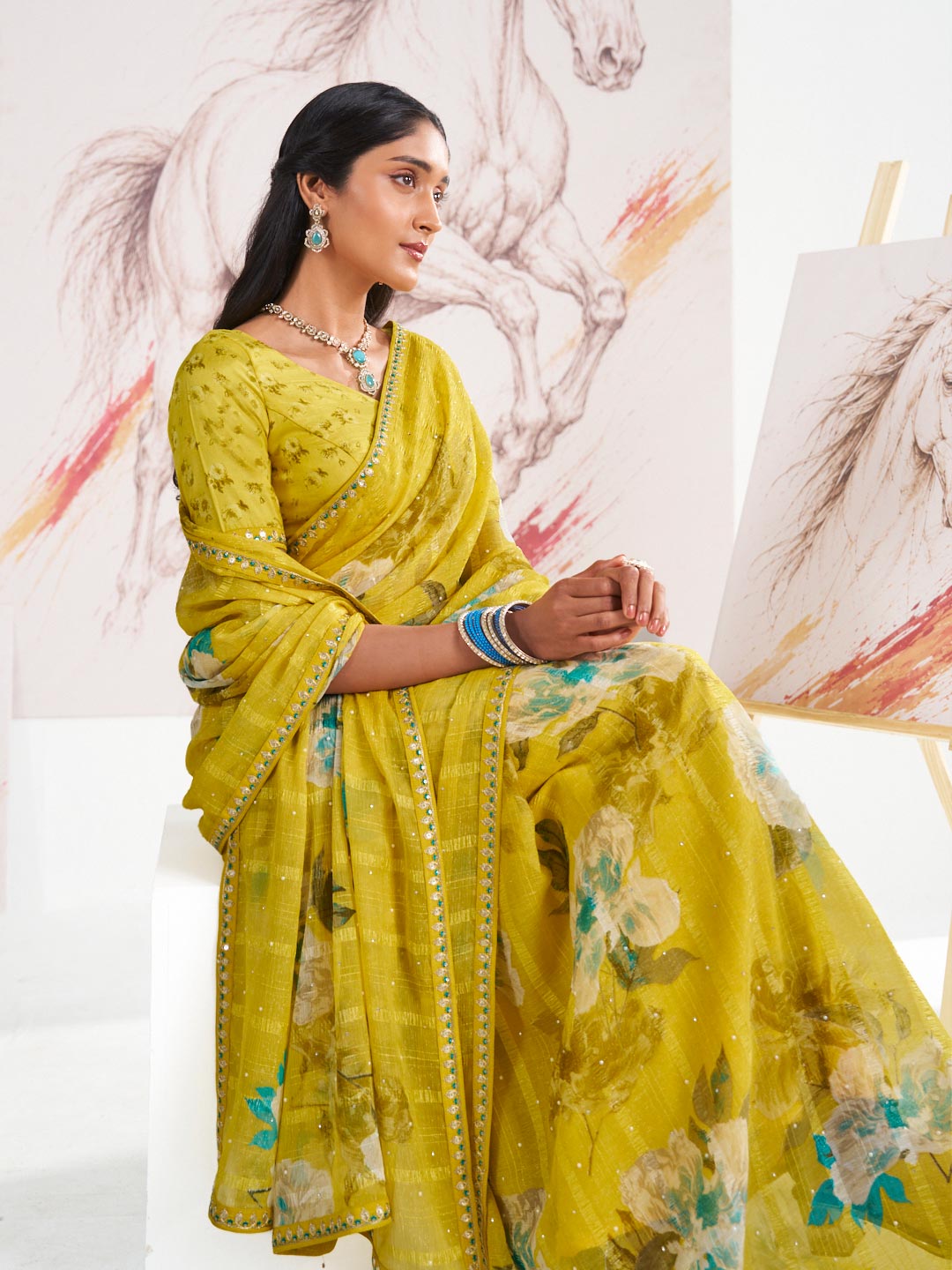 Laxmipati Murli Yellow Chiffon Floral Saree